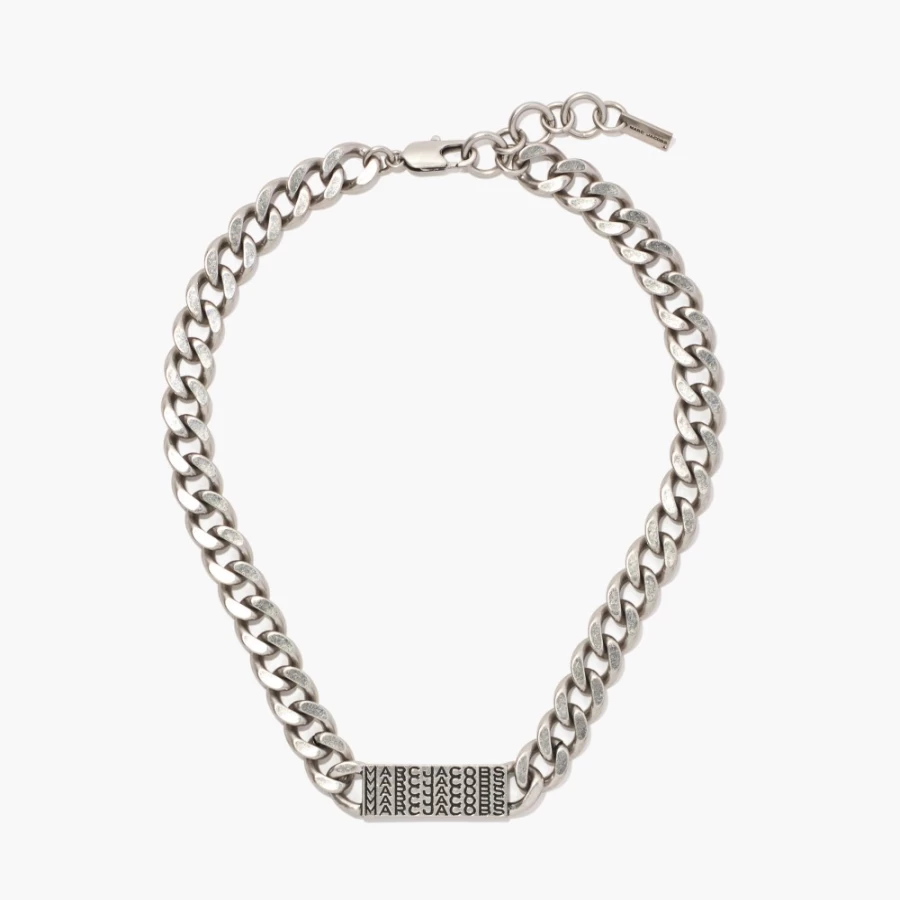 Marc Jacobs Aged Silver Monogram Barcode ID Chain Necklace