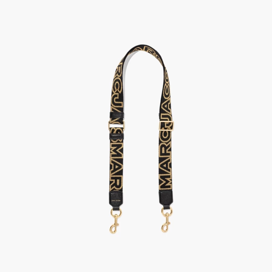 Marc Jacobs Black & Gold Thin Outline Logo Webbing Strap for Bags & Accessories