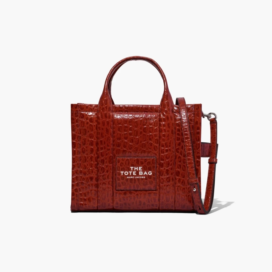 Marc Jacobs Spice Brown Medium Tote Bag with Croc-Embossed Design