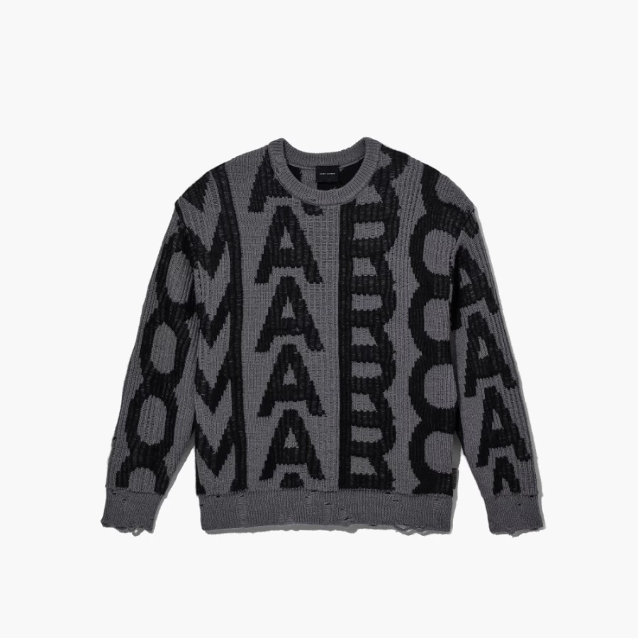 Marc Jacobs Black & Charcoal Monogram Distressed Sweater - Vintage Inspired Pullover