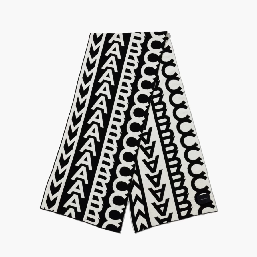 Marc Jacobs Monogram Knit Scarf in Black & Ivory - Luxury Wool Blend Winter Accessory