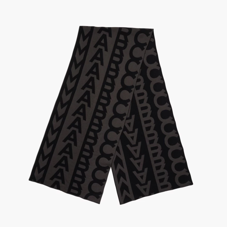 Marc Jacobs Black & Charcoal Monogram Knit Scarf - Luxury Wool Winter Accessory
